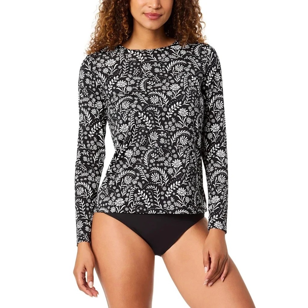 Lands' End Women Black White Floral Sun Shirt Rash Guard Swim Top XS